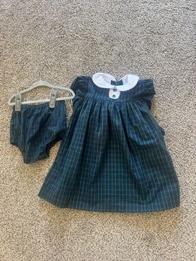 The Beaufort Bonnet Company Green and Navy Plaid Girls Dress with White Collar